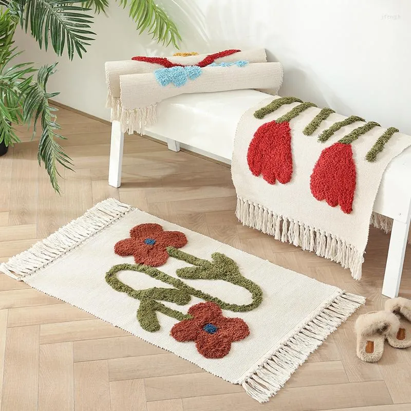 Tapis Tuftés Fleurs Gland Tapis De Sol Fil De Coton Tissé Respirant Décor À La Maison Tapis Chambre Chevet Salle De Bains Porte D'entrée Coussin De Pied