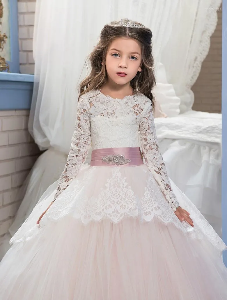 Fille Robes Blanc Dentelle Pageant Pour Les Filles Manches Longues Robe De Bal Avec Arc Ceintures Fête D'anniversaire Fleur