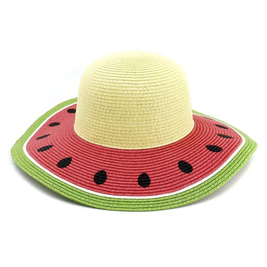 Sommar kvinnor vikbara papper halm sol hattar sombrero breda brim strand sol visir cap damer söt vattenmelon färg foppy hat180r