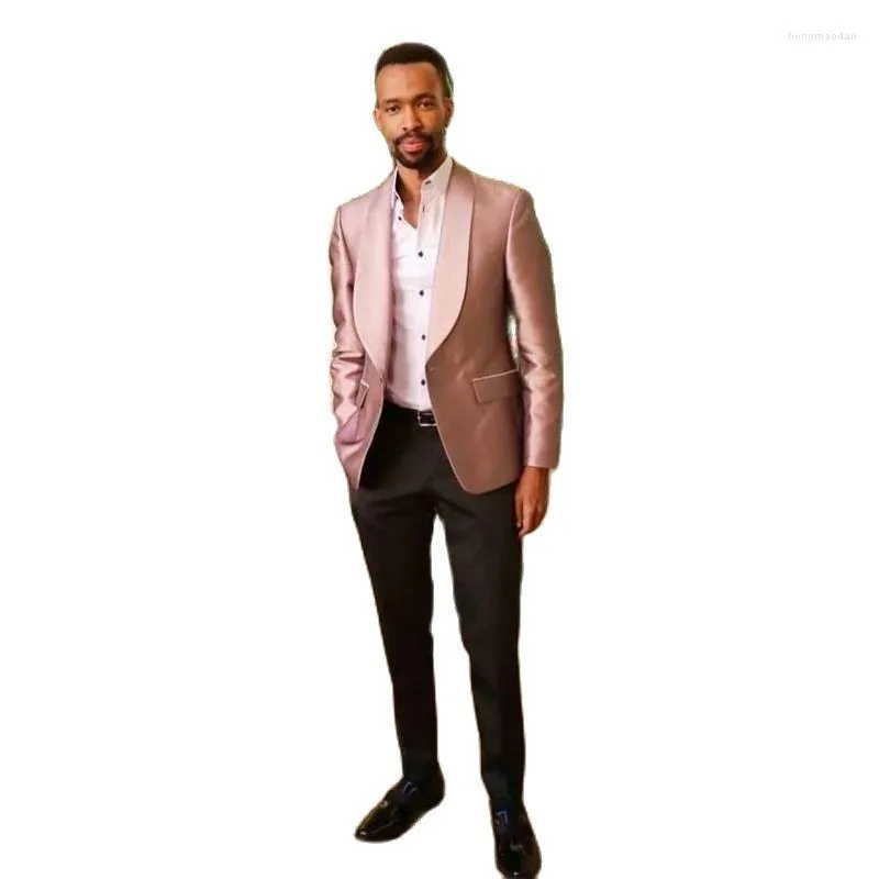 Costumes pour hommes Blazer sur mesure Pantalon Outfit Veste en satin rose poussiéreux Pantalon noir Tuxedo Groom Prom Party Wear Slim Fit 2Pcs Full Men Set