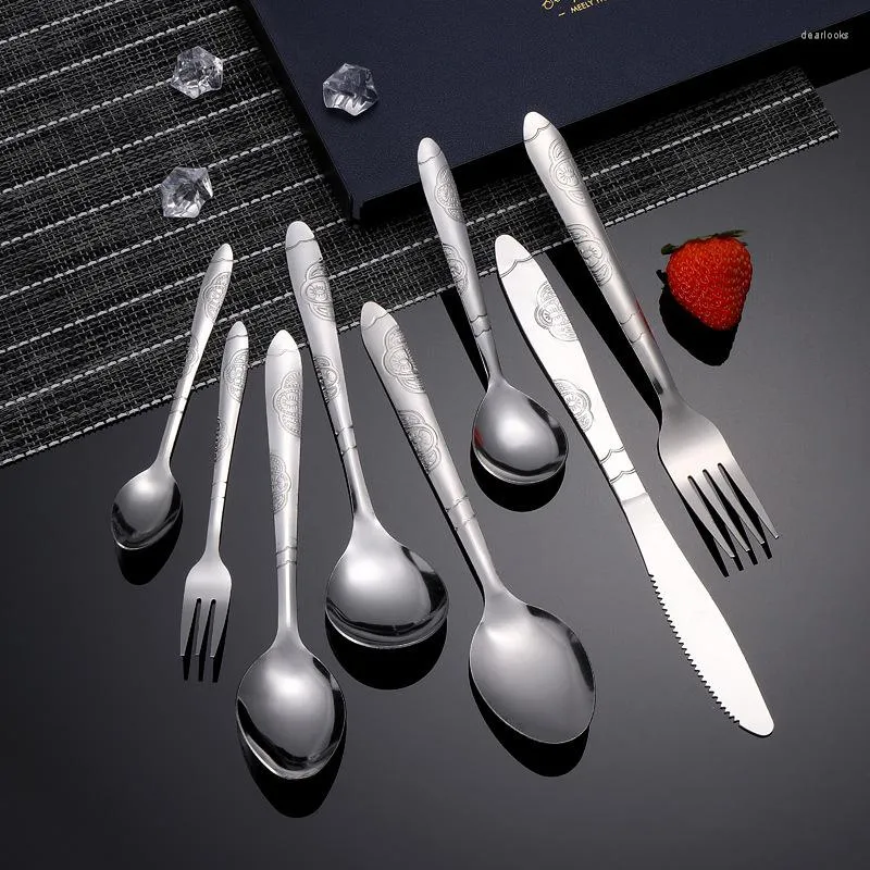 Servis uppsättningar 4 datorer rostfritt stål tryckt bestick set matkniv western gaffel soppa sked silver giskmaskin säkra satser