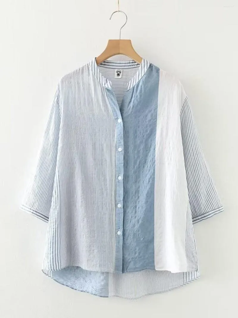 Kvinnors blusar Summer Lady Shirt Cotton Cardigan Three Quarter Stripes Loose Blue Fashion Thin Women blus kvinnlig yoyikamomo