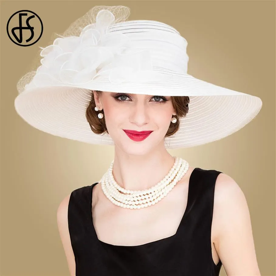 FS Black White Elegant Women Kościoła Kościoła Kościoła dla kobiet Letnie kwiaty duże Brim Organza Hat Beach Sun Kentucky Derby Hat Fedora CX20305N