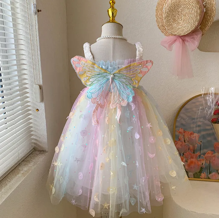 Meisjes Jurken Detailhandel Baby Meisjes Fairy Boutique Terug Vlinder Mesh Jurk Prinses Kids Sweet Party Verjaardag Jurk Vakantie 2-7 T 230609