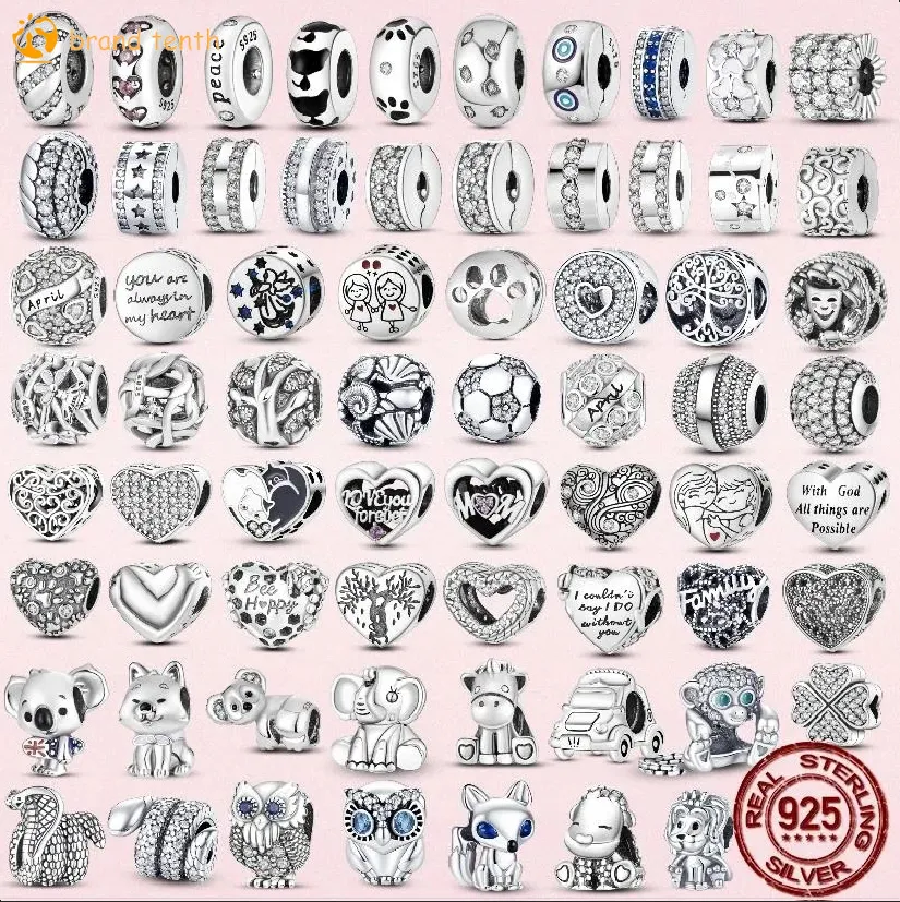 925 Sterling Silber für Pandora-Charms, authentische Perlenanhänger, Damenarmbänder, Perlen, herzförmige, kreisförmige Tierperle