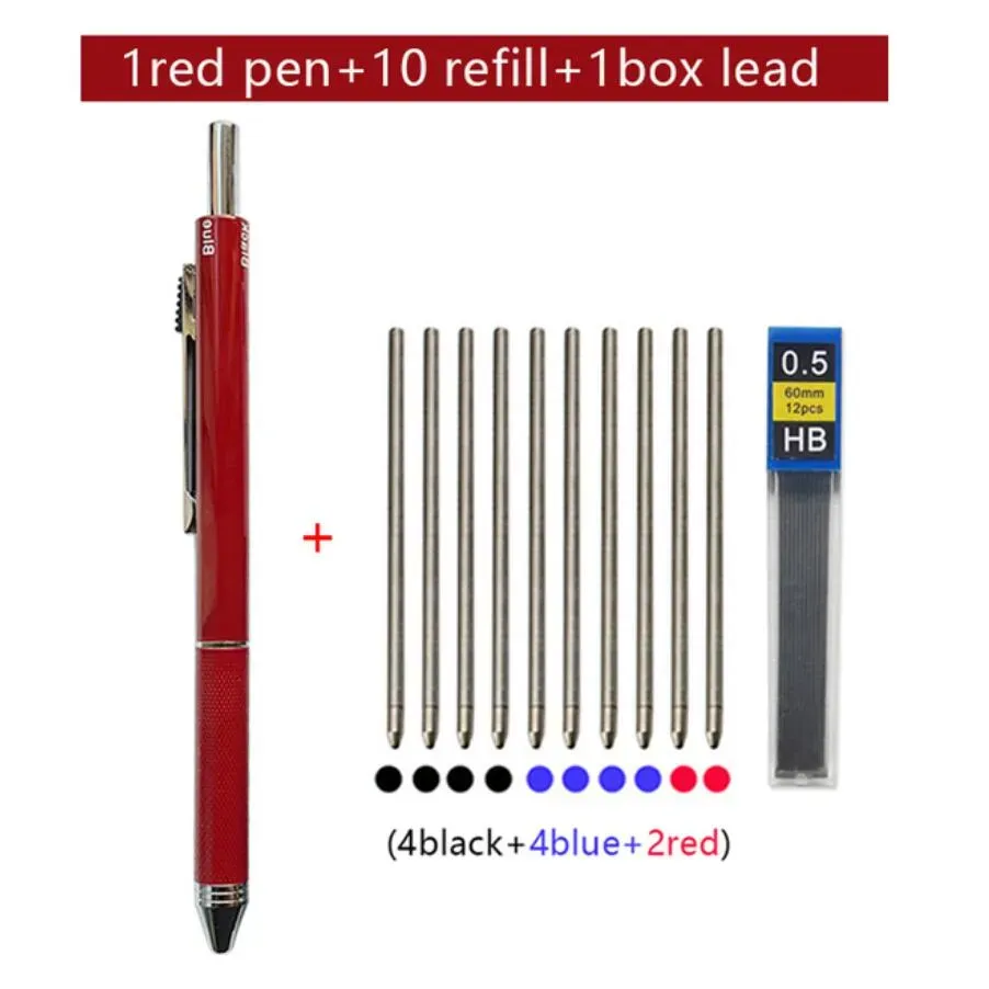 4 3 색의 1 개의 멀티 컬러 금속 펜 3 색 볼 펜 리필 및 자동 펜실 리드 학생 학교 용품 문구 다중 기능 펜 선물