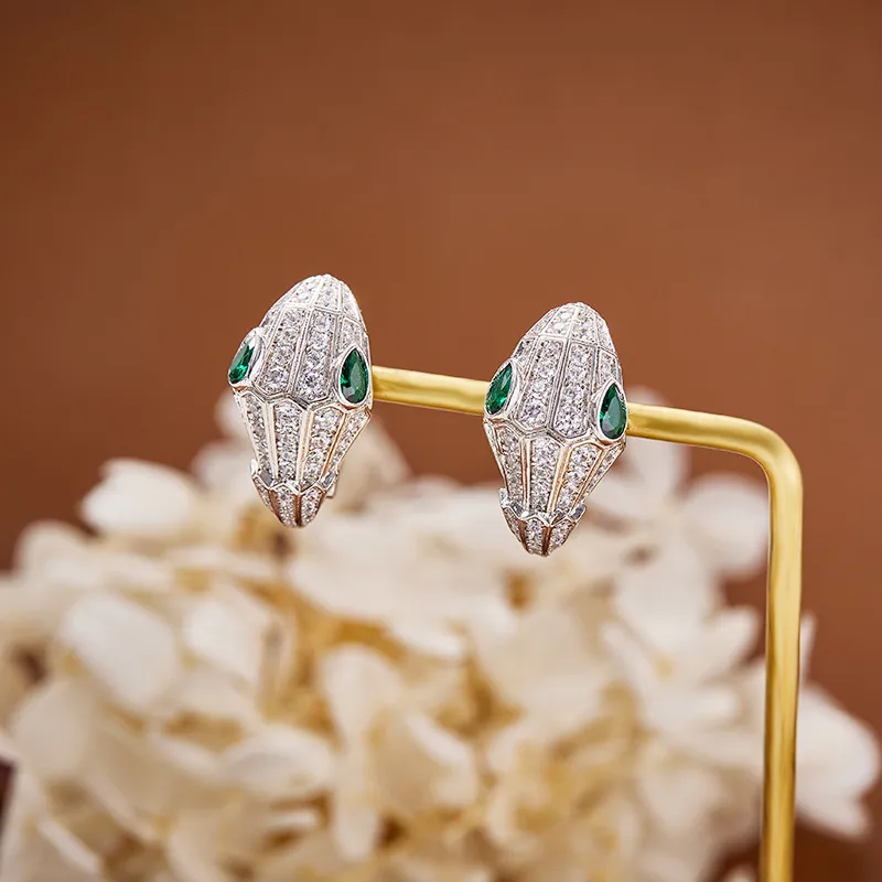 Designer Collection Stud Earrings Inlay Czech Zircon Diamond Plated Gold Color White Green Eyes Snake Serpent Snakelike Ear Clip