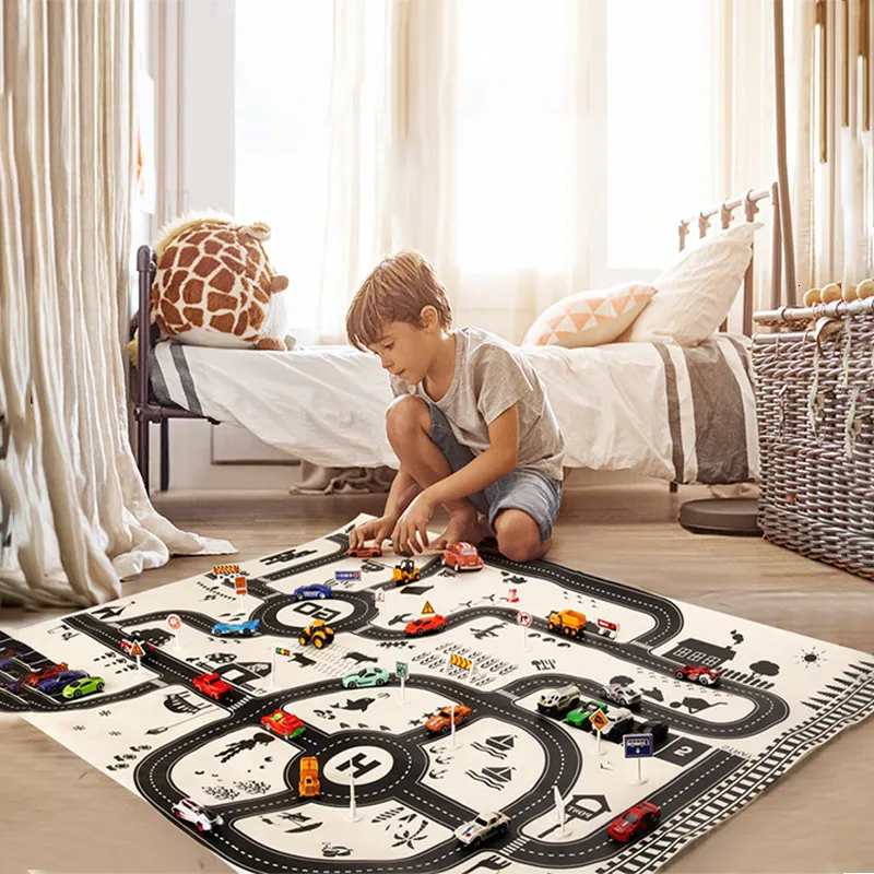 Play Mats Road Map Carpet para niños 130 * 100 CM Estacionamiento Roadmap 83 * 58 CM City Traffic Map of Road Carpet Traffic Signs Baby Play Mat Toys 230609