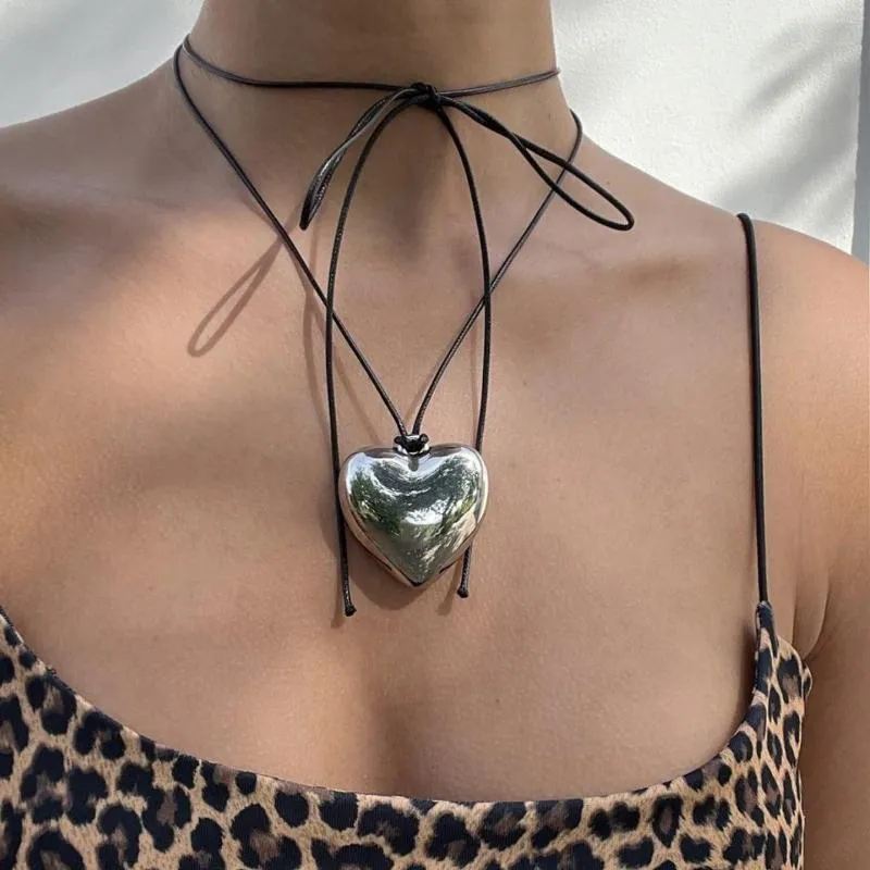 Chaînes GUFTM Hyperbole Punk Cire Fil Cravate Grand Amour Coeur Pendentif Colliers Pour Femmes Hommes Hip Hop Collier Parti Y2K Bijoux De Mode