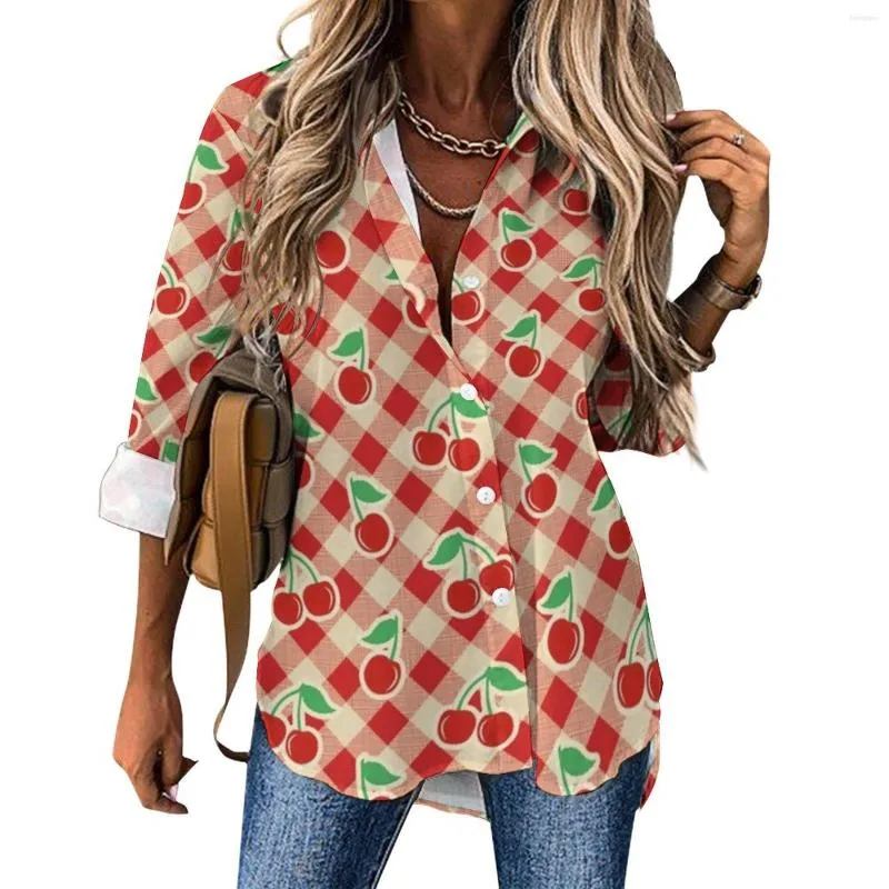 Women's Blouses Red Cherry Print Casual Blouse Long Sleeve Vintage Plaid Pretty Street Style Oversized Shirt Graphic Clothing Gift Idea