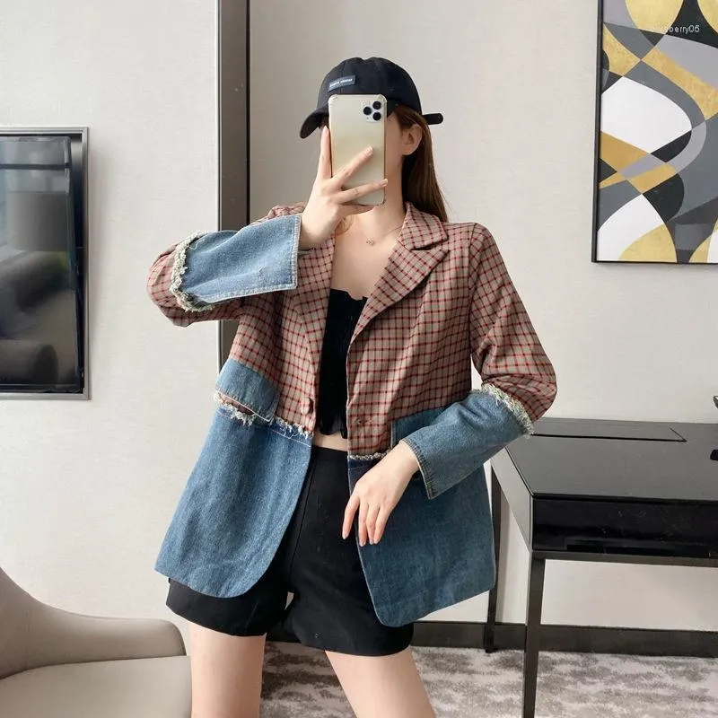 Costumes pour femmes Blazers pour femmes Plaid Spliced 2023 Automne Hiver Mode Coréenne Casual Manches Longues Lâche Simple Boutonnage Costume Veste Femmes