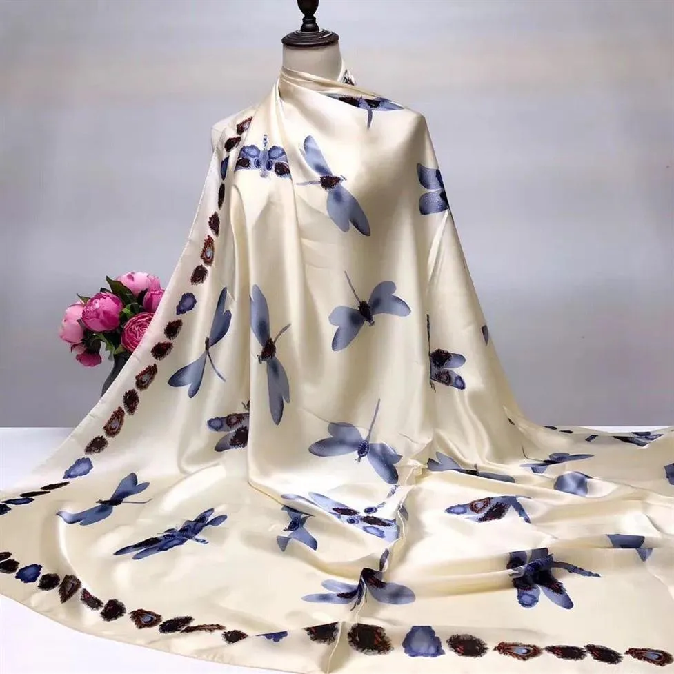 2018 Seidensatin, quadratischer Schal für Damen, bedruckt, Hijab, langer Wickelschal, Libelle, elegante Mode, weich, 140 140298U