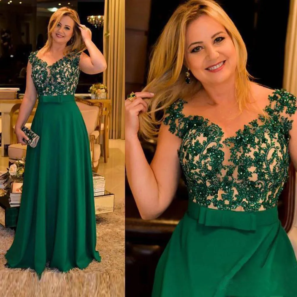 Dark Green Sheer Neck Mother of The Bride Emerald Green Prom Dress with Beaded Lace Bow Belt - 2023 Formal Evening Gown in Plus Size
