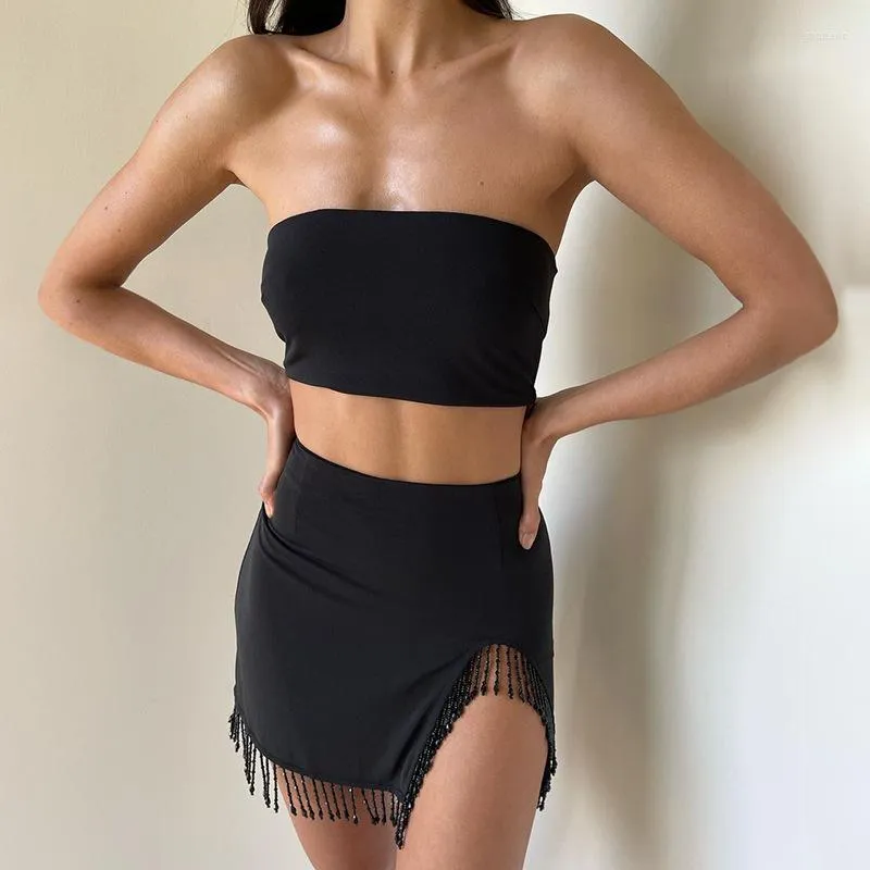 Work Dresses Townlike Backless Nightclub Sexy Party Two Piece Set Crop Top And Tassel Mini Skirts Slim 2 Pieces Women 2023 Summer Outfits