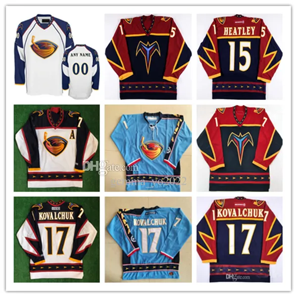 Vintage Atlanta Thrashers Hockey-Trikots 15 Dany Heatley 17 Ilya Kovalchuk Zach Bogosian Marian Hossa Kari Lehtonen Johan Hedberg genäht Blau Marine Weiß