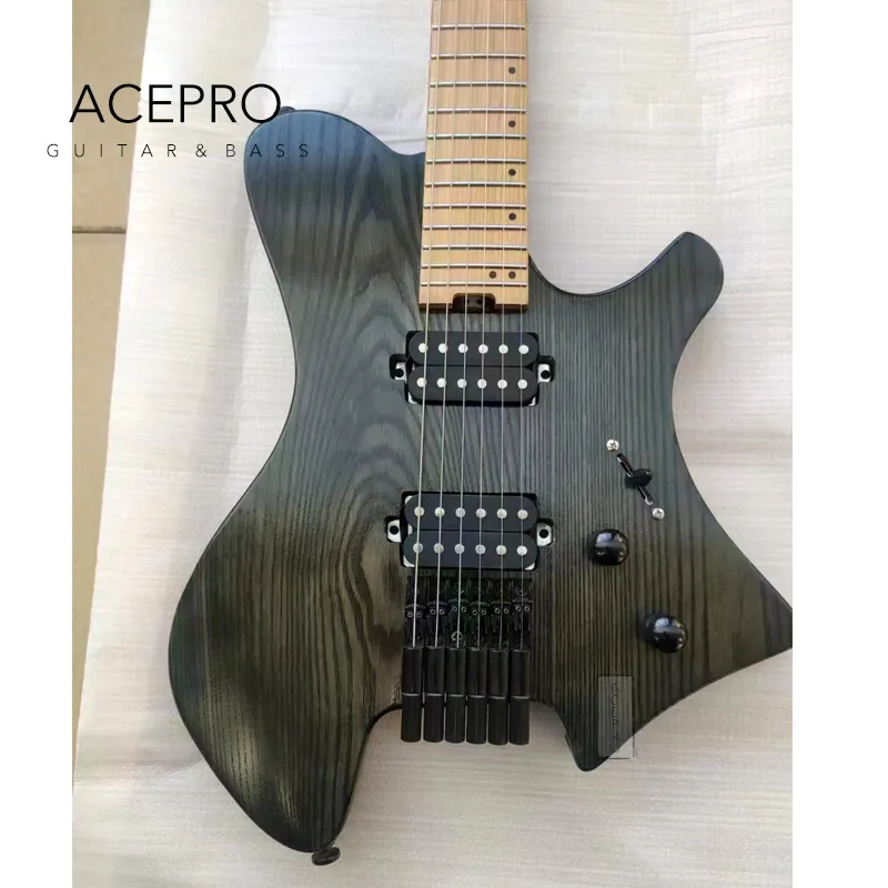 Acepro Headless Electric Guitar Stainless Steel Frets Black Color Ash Body Roast Maple Neck 2*Humbucker Pickups High Quality