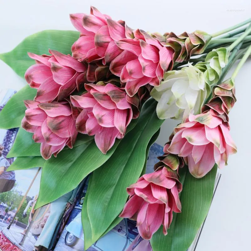 装飾的な花1PC多層ジンジャーロータス人工花の枝のためのホームフローラルアレンジメント素材ウェディングパーティーの装飾偽物