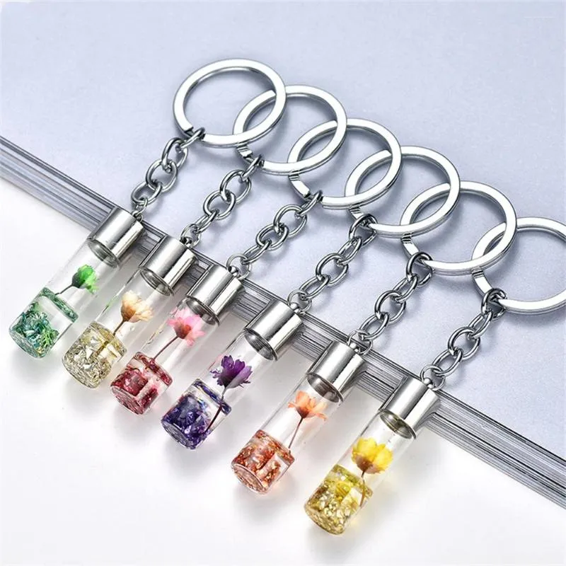 Keychains Fashion Eternal Flower Keychain Dried Plant Wishing Bottle Keyrings Car Key Holder Charms Women Bags Accessories