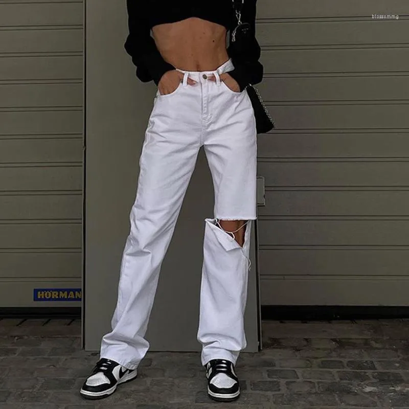 Jeans feminino branco rasgado feminino cintura alta perna reta streetwear vintage jeans buraco no joelho 2023 outono senhora calças