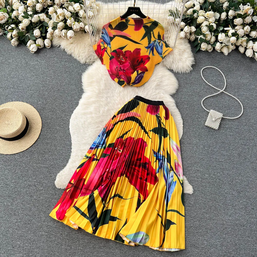 Summer Runway Pleated Flower Print 2 Piece Suit Women Raglan Sleeve Stretch Pullover Top+A-Line lång kjol Kvinnlig matchning 2024