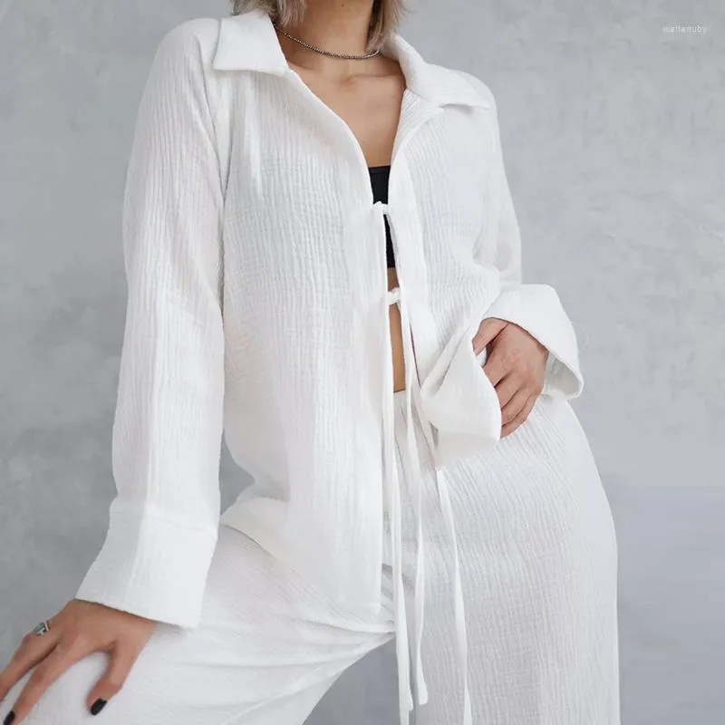 Women's Swimwear Summer Dress Pareo Beach Women For Bikini Cover Up Long Sleeve Pajamas Crepe PantSuit White Solid Cotton 2023 Outings Tunic