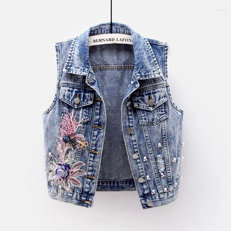 Gilets pour femmes mode Denim gilet femmes fleurs paillettes perles sans manches gilet femme haut décontracté Jean vestes courtes G415