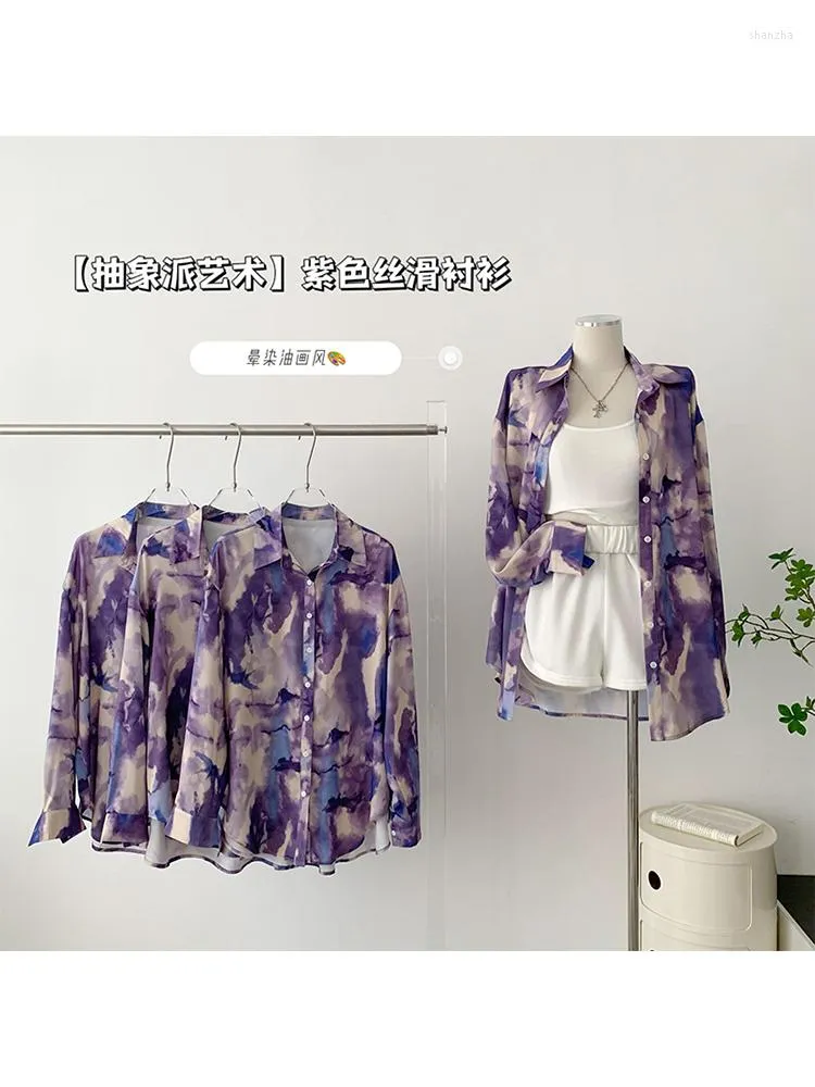 여성용 블라우스 여성 보라색 그래픽 프린트 셔츠와 한국하라 주쿠 패션 Y2K 느슨한 긴 슬리브 폴로 셔츠 탑 의류 여름 2023
