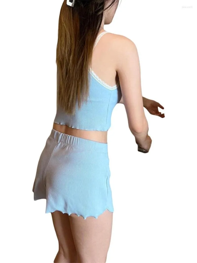 Женские шорты Женщины летние 2-х штук набор кружевные пэчворки базовые камизолы и свободная повседневная высокая талия спортивная йога