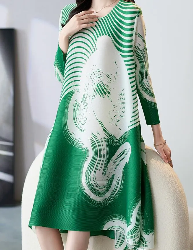 Sanzhai Pleated Print Dress Temperament Round Neck Fashion Elegant ISSEY Dress