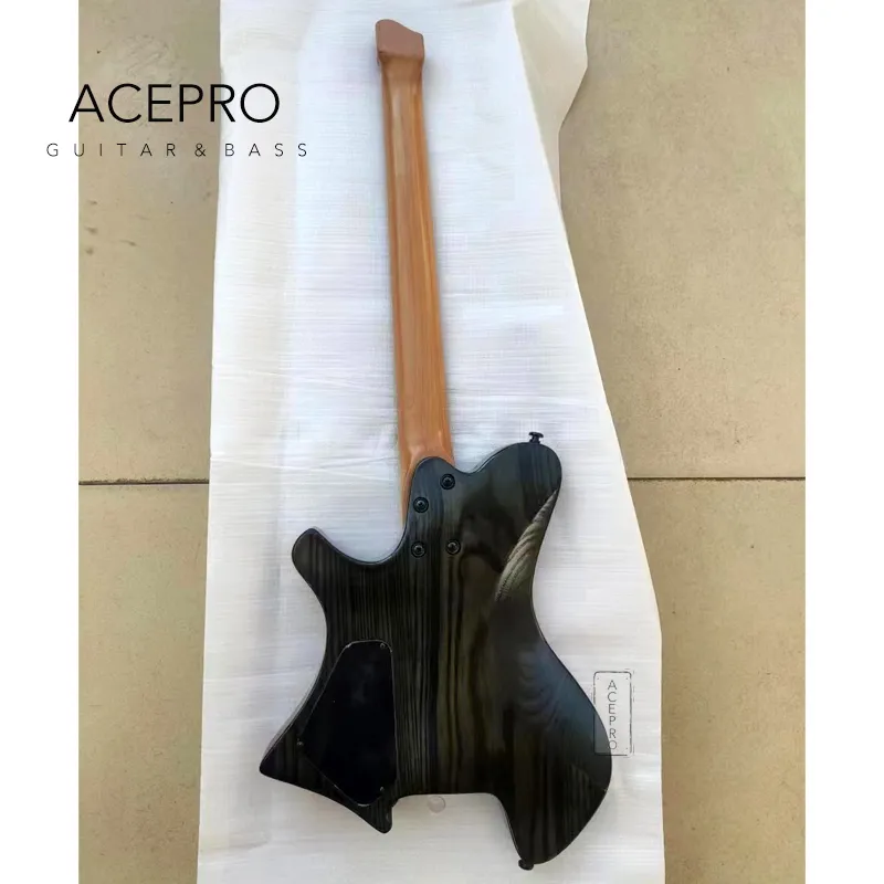 Acepro Headless Electric Guitar Stainless Steel Frets Black Color Ash Body Roast Maple Neck 2*Humbucker Pickups High Quality