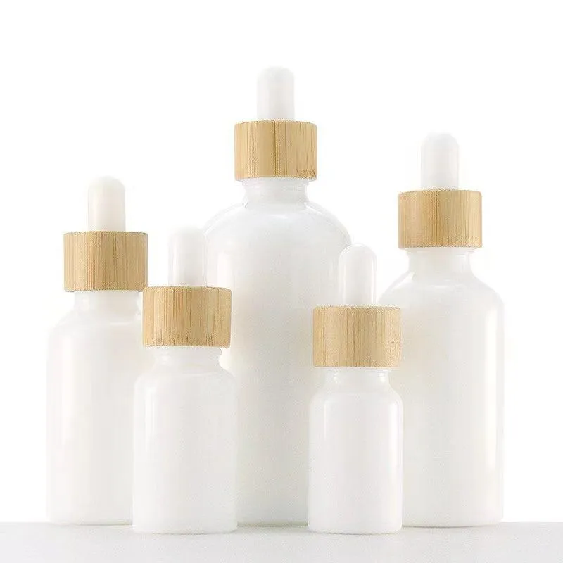 White Porcelain Glass Essential Oil Bottles Skin Care Serum Dropper Bottle with Bamboo Pipette 10ml 15ml 20ml 30ml 50ml 100ml Wvwwd