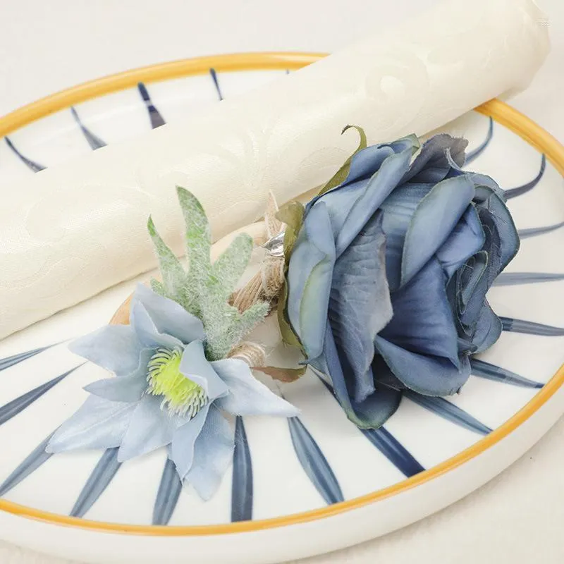 装飾的な花はヘイズブルーシミュレーションフラワーリネンナプキンバックルウェディングテーブル装飾人工シルクリングバレンタインデーデコレーション