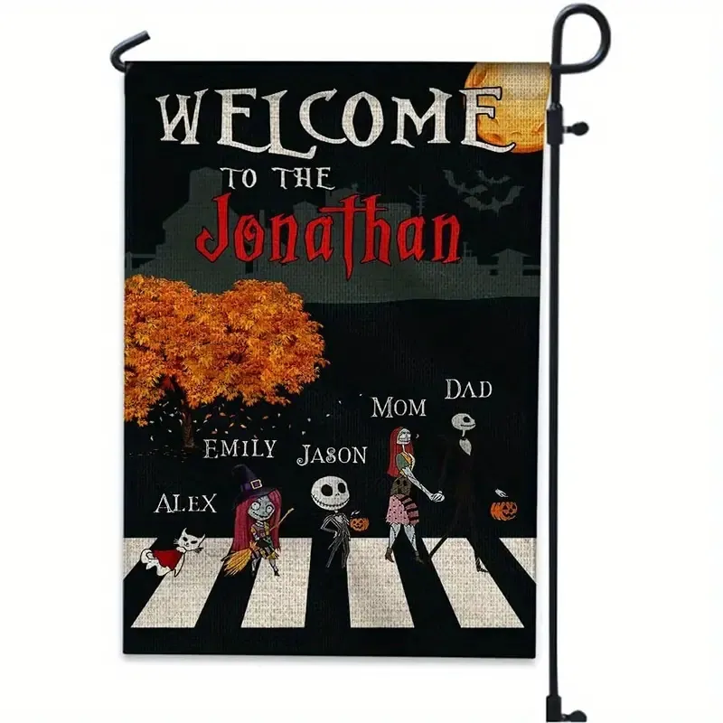 1 st 12x18 Inch Welkom bij Onze Nachtmerrie Familie Horror Decor Halloween Vlag Teken Verticale jack-Sally Tuin Vlag Huis Vlag Voor Tuin Boerderij Outdoor