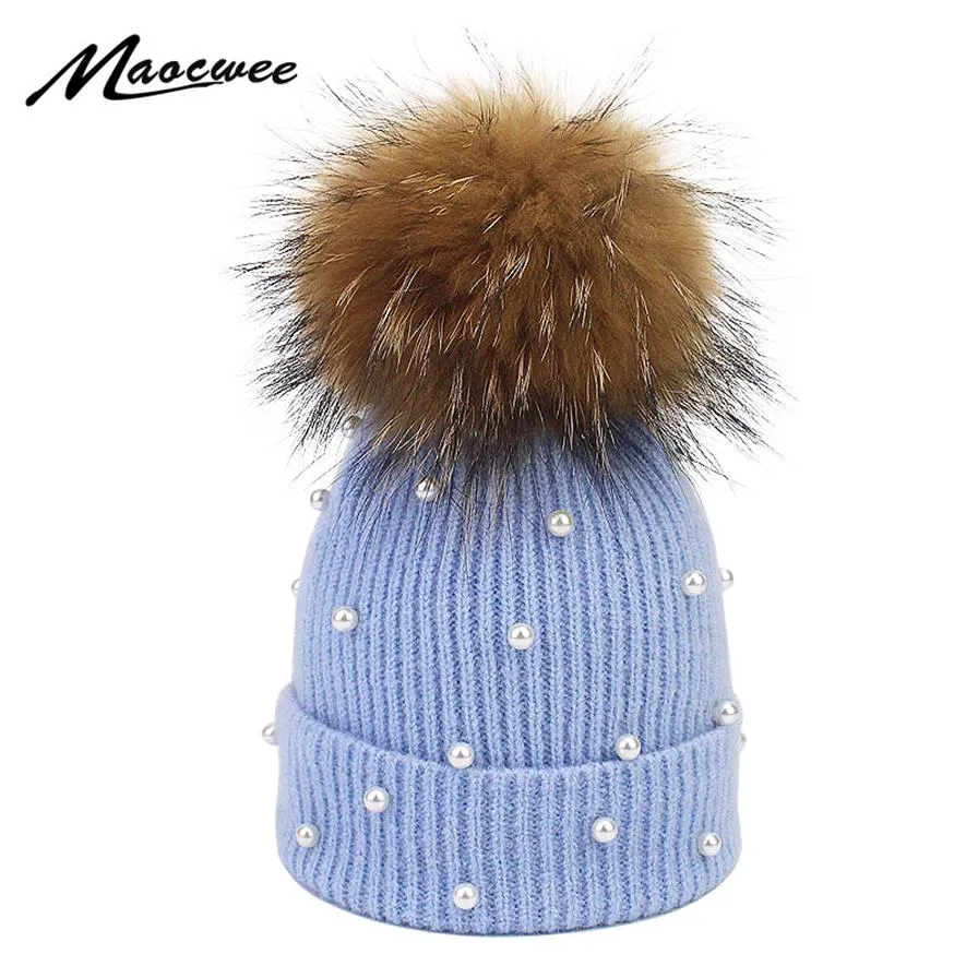 Pearl Wool Beanies Women Real Natural Fur Pom Poms Fashion Pearl Sticked Hat Girls Female Beanie Cap Pompom Winter Hat For Women3093