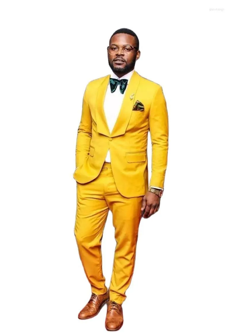 Ternos masculinos xale amarelo lapela masculino casual baile de formatura blazer traje homme casamento noivo para casamento conjuntos 2 peças (jaqueta calça)