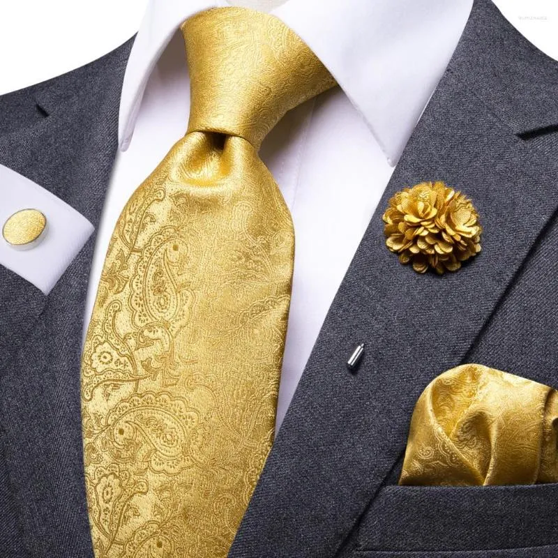 Bow Ties męsek luksus 8,5 cm złoto żółty Paisley Silk Business Krawat Hnaky Mankiet Brooth BroOl