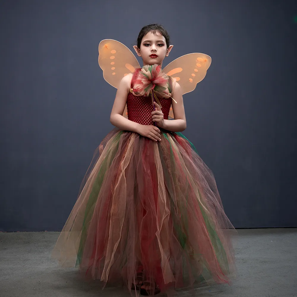 Girl's Dresses Forest Fairy Princess Costume for Halloween Birthday Party Fancy Dress Fall Children Woodland Nymph Pixie Gown Tutu Dress Wing 230609