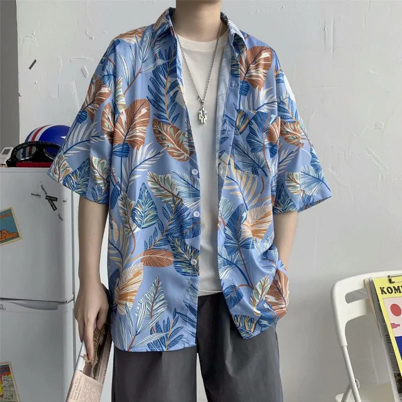 Men's Casual Shirts Summer Mens Hawaiian Shirt Lapel Short Sleeve Tops Plant Printing Floral Pattern Fashion 2023 Beach Holiday Male Clothes