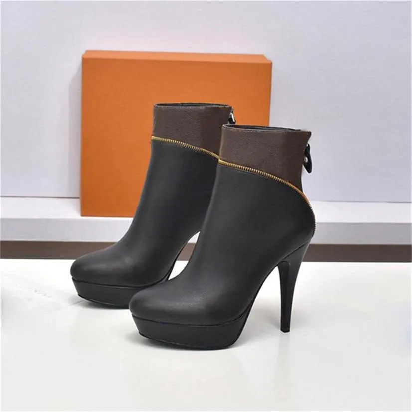 Botas de plataforma de designer de luxo estilo casual street flat couro salto bloco com acabamento feminino zíper sola de borracha deserto Martin inverno tênis Siz