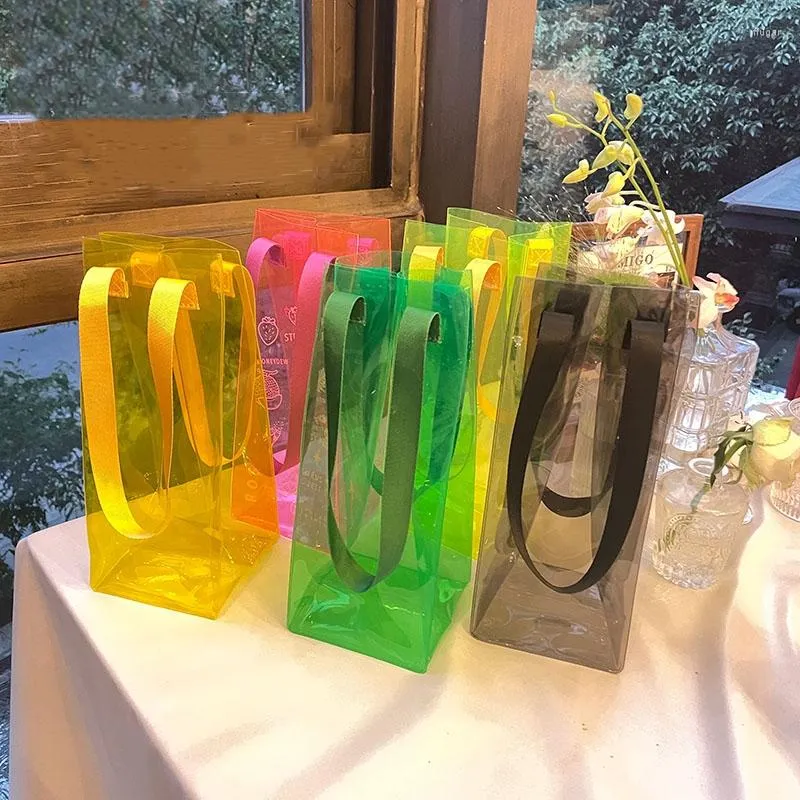 Torby do przechowywania 2PCS Pojedynczy butelka wina Przenośna Bages Transparencyjna galaretka Grutuje się kolor plastikowy PVC torebka kwiaty prezent urodzinowy