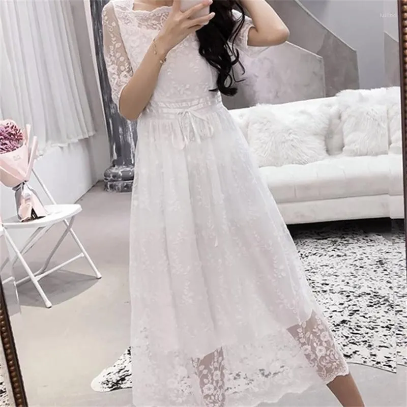 Elegant Lace Midi-Long Dress for Women - Slim Fit, Short Sleeves, Perfect for Casual Parties and Beach Wear (Big Sizes Available) - WZ2222