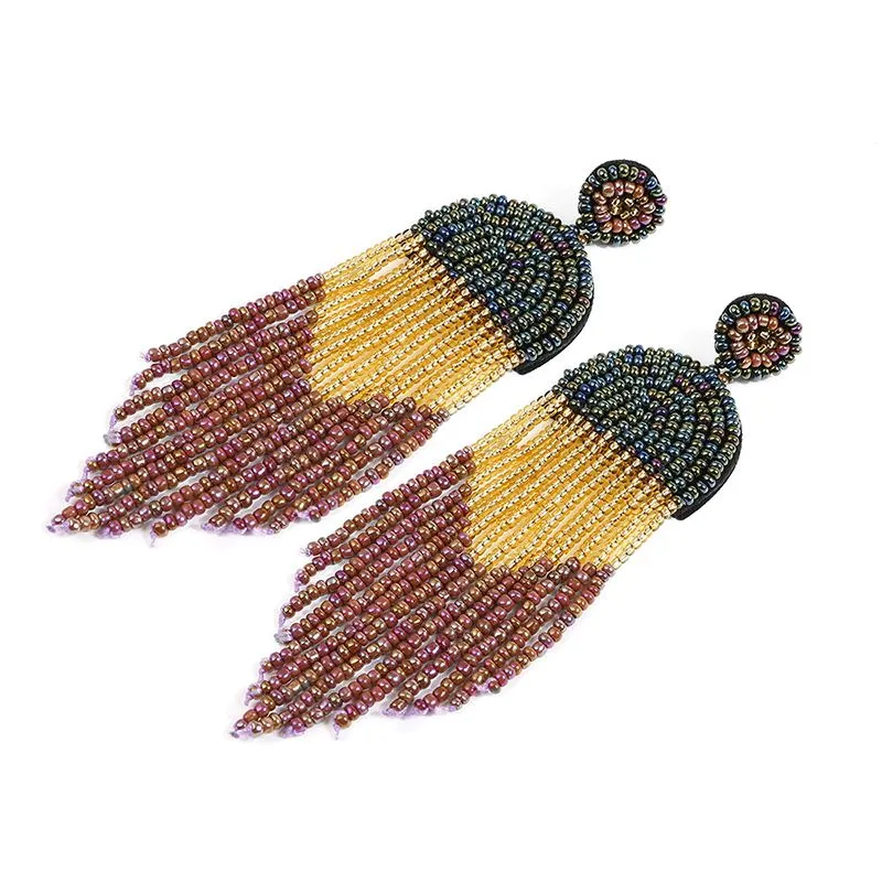 Long Boho -uttalande pärlstörning Tassel dingle örhängen stora stora bohemiska handgjorda fröpärla droppörhängen för kvinnor