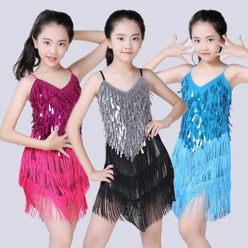 Стадия ношения девочек Frighes Sequin Latin Children Dance Dress Girls Ballroom Swares Delying Salsa / Tango / Cha rumba