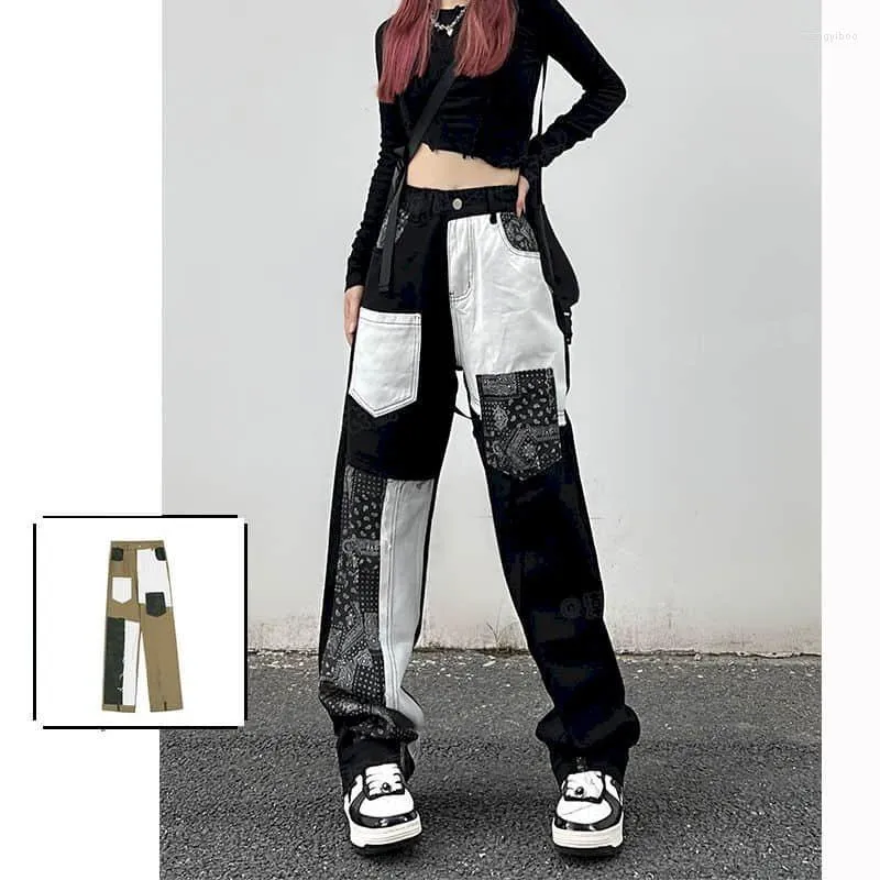 Women's Jeans Patchwork Oversized Women Y2k Casual Loose Trousers Streetwear Clothing Full Length Vintage High Waisted