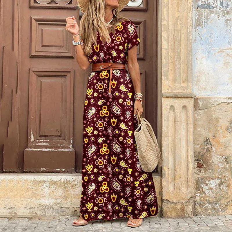 Designer feminino vestido de verão moda bohemian V vestidos maxi de praia elegante e elegante para mantos de férias de férias de férias de mulheres 4J7V 2CEM