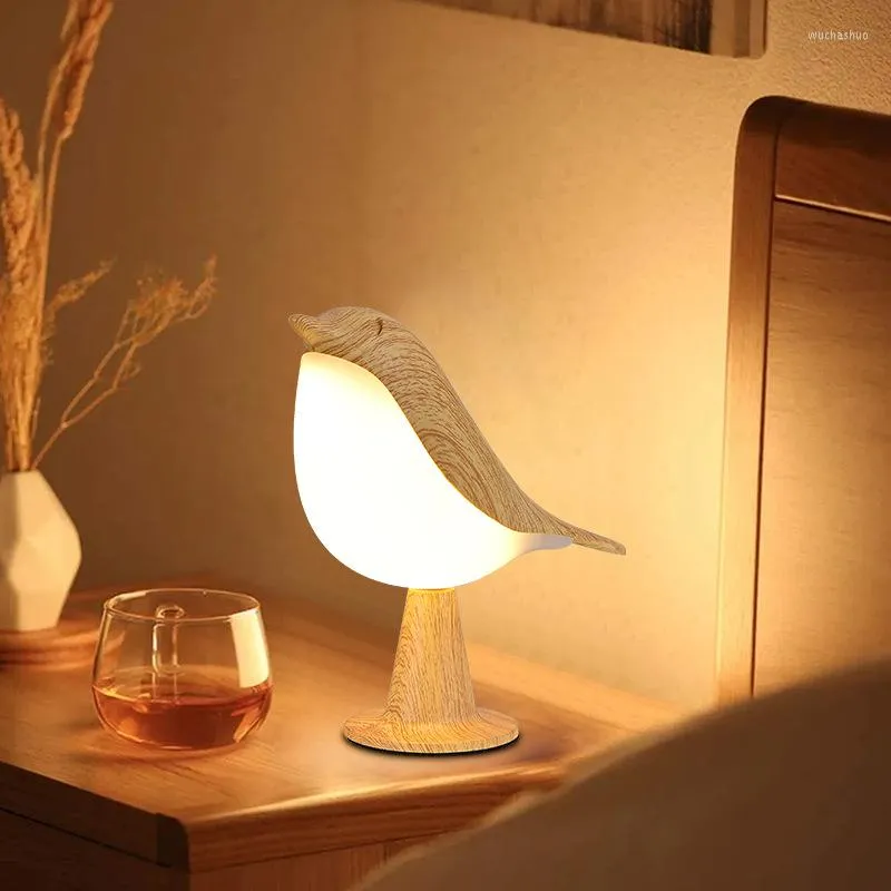 Bordslampor 3 färger säng lampa kreativ beröring byte trä fågel nattlampor dimning ljusstyrka sovrum läsdekor hem