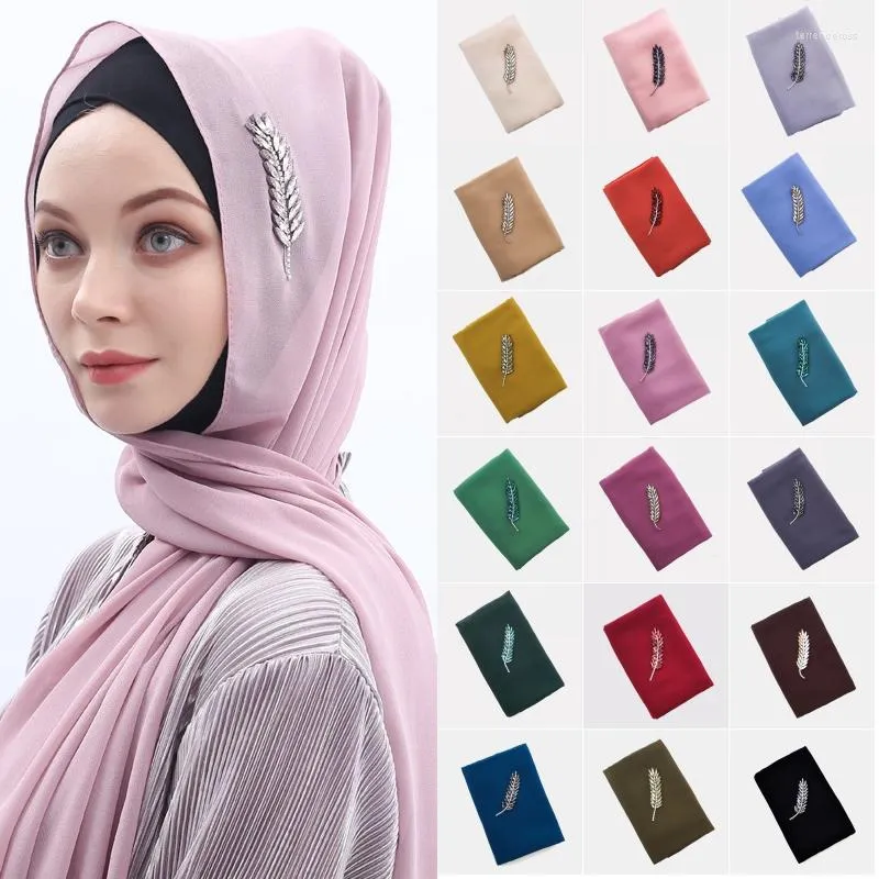 Sciarpe alla moda signora musulmana chiffon sciarpa lunga foglia strass velo decorativo arabo hijab colore soild scialli copricapo turbante