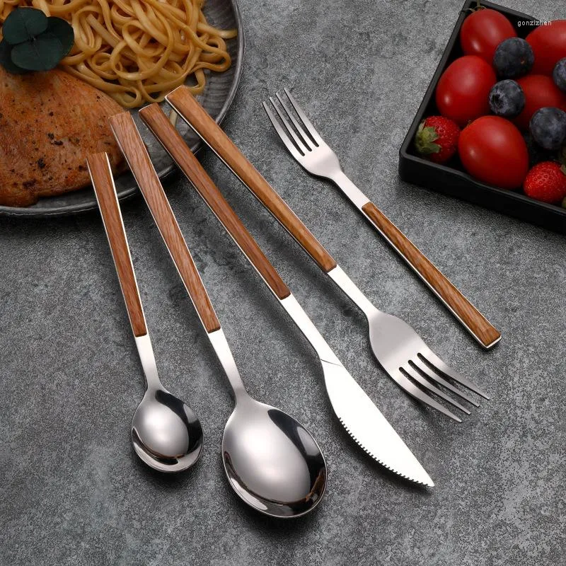 Servis uppsättningar 430 rostfritt stål bordsartiklar imitation trähandtag knivgaffel set japansk dessert kaffe vintage western ta