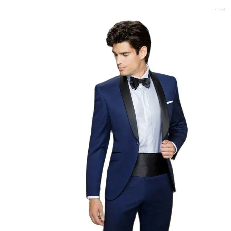 Abiti da Uomo Blu Navy/Nero Uomo Smoking da Sposo Completo Uomo Blazer Pantaloni Completo Scialle in Raso Design Slim Fit Costume Homme Terno Masculino