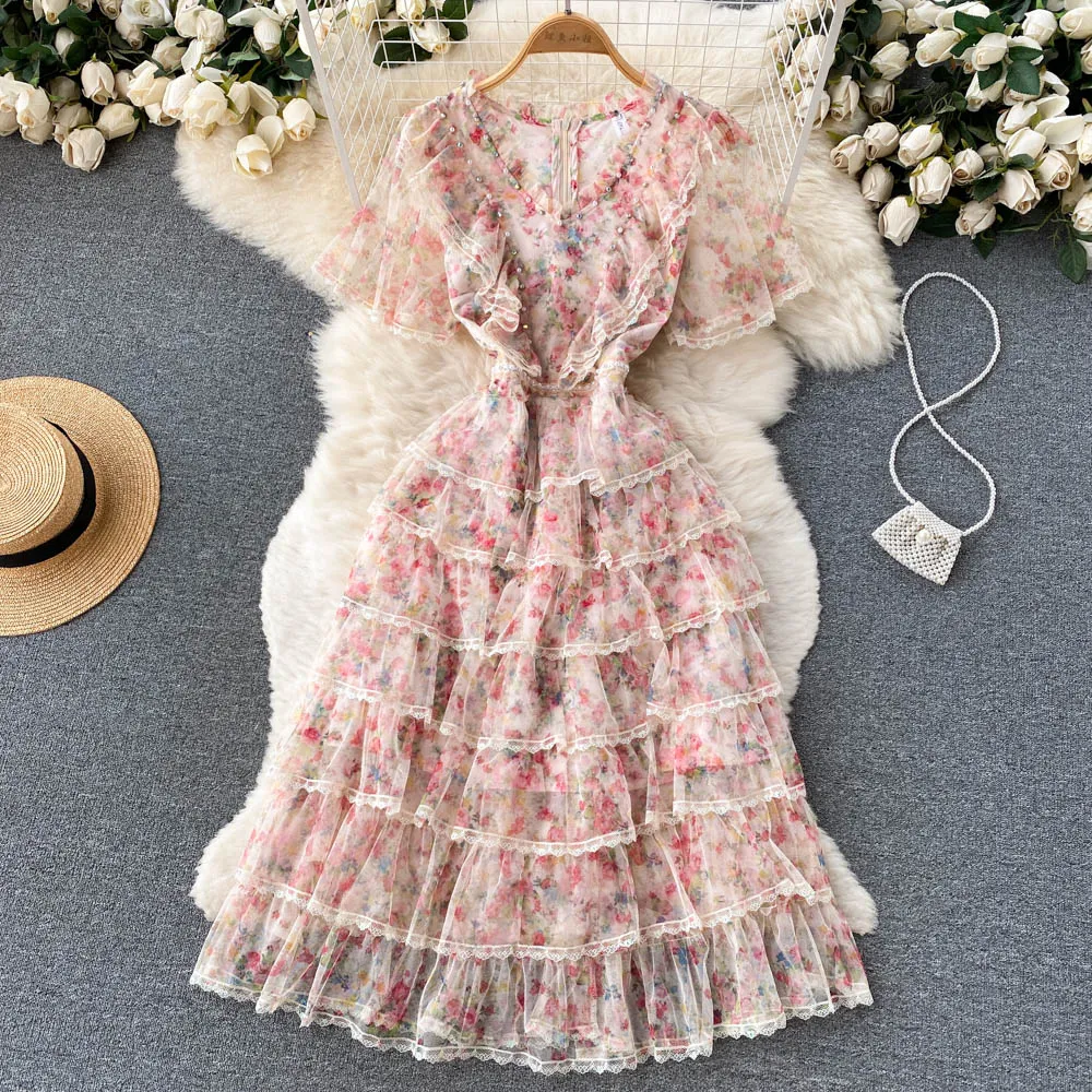 Designer Casual Midi Dress For Women Beaded V Neck Mesh Flower Embroidery  With Ruffles Slim Fit Cascading Summer Dress From Xiongstore, $38.2 In Bulk  | DHgate.Com
